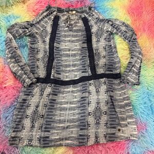 Roxy Blue White Geometric Tribal Cold Shoulder Crochet Lace Mini‎ Dress Small